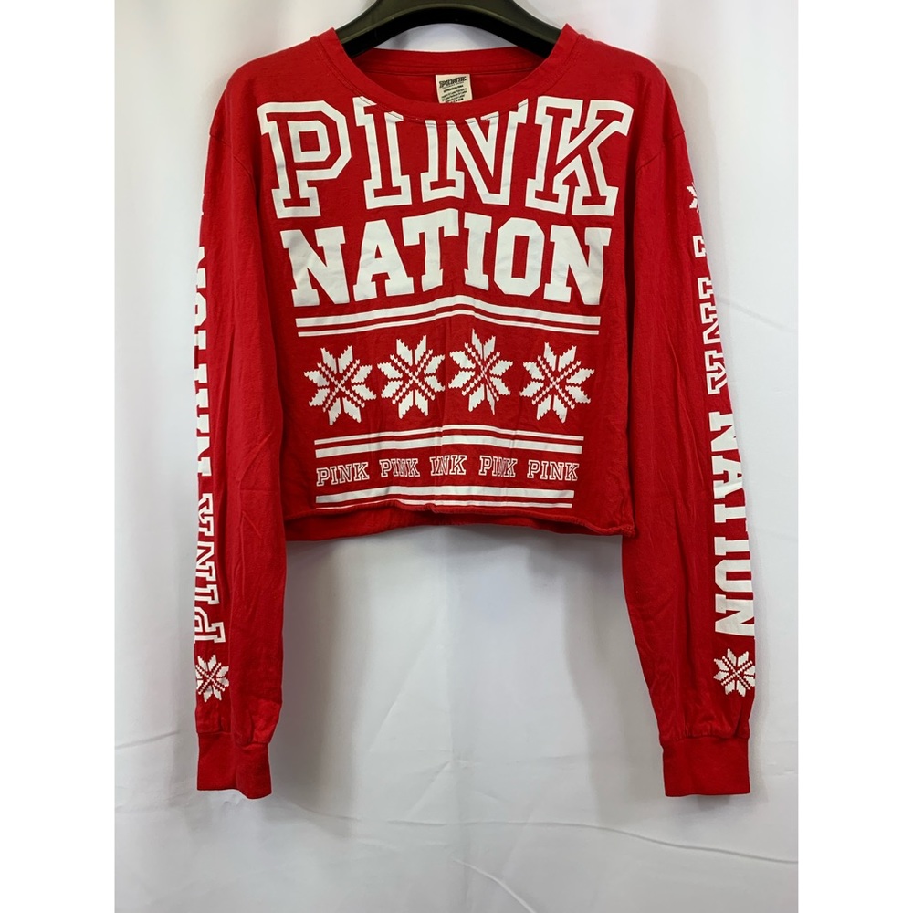 PINK Pink Nation Crop Long Sleeve Red Lounge Tee